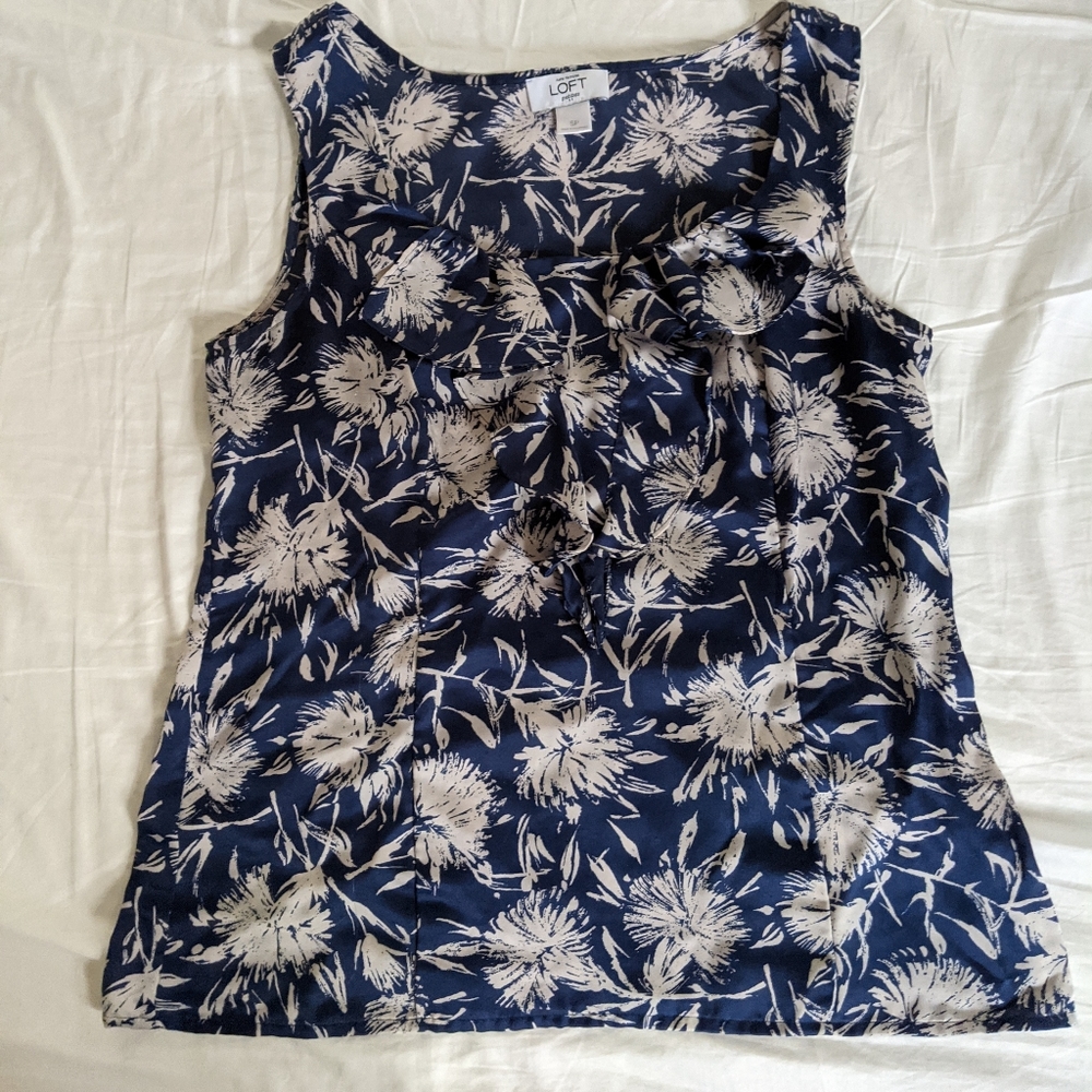 LOFT Navy Cream Wildflower Floral Ruffle Tank Sleeveless Blouse